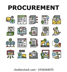 Procurement Process Collection Icons Set Vector. Procurement Warehouse And Contract, Purchase Requisition And Budget Approval Concept Linear Pictograms. Contour Color Illustrations