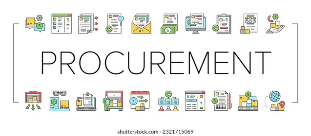 Procurement Process Collection Icons Set Vector. Procurement Warehouse And Contract, Purchase Requisition And Budget Approval Concept Linear Pictograms. Contour Color Illustrations