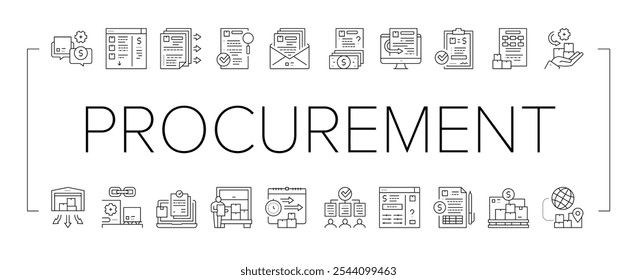 Ícones de Coleta do Processo de Aquisição Definir Vetor. Ilustrações De Contorno Preto De Depósito E Contrato De Aquisição, Requisição De Compra E Aprovação De Orçamento