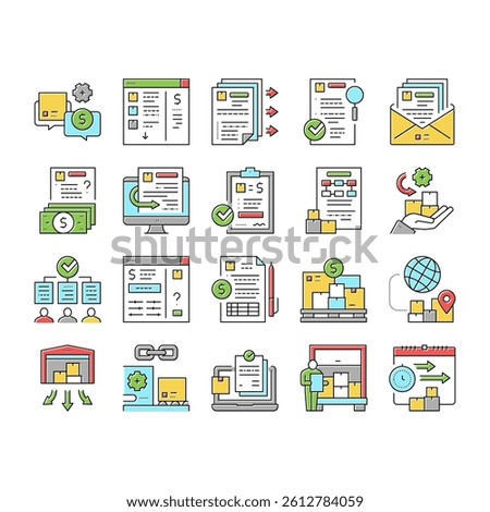 Procurement Process Collection Icons Set Vector. Procurement Warehouse And Contract, Purchase Requisition And Budget Approval Concept Linear Pictograms. Contour Color Illustrations