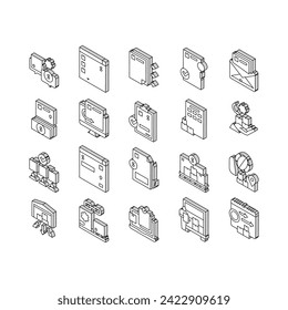 Procurement Process Collection isometric icons set. Procurement Warehouse And Contract, Purchase Requisition And Budget Approval Concept Linear Pictograms. Contour Color .