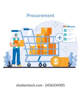 Procurement Process concept. Efficient sourcing and purchasing operations. Managing supply costs and inventory needs. Streamlining order fulfillment and vendor relations. Flat vector illustration.