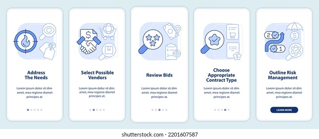 Procurement process flow light blue onboarding mobile app screen. Walkthrough 5 steps editable graphic instructions with linear concepts. UI, UX, GUI template. Myriad Pro-Bold, Regular fonts used