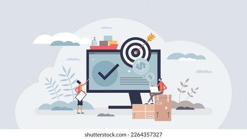 Procurement process as purchase price or shipping control tiny person concept. Supplier contracting and supply chain management for effective product flow vector illustration. Price negotiation deal.