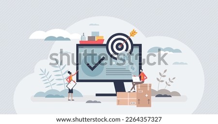 Procurement process as purchase price or shipping control tiny person concept. Supplier contracting and supply chain management for effective product flow vector illustration. Price negotiation deal.