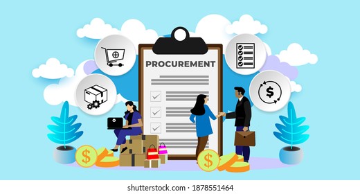 Procurement Process Of Purchasing Goods, Procurement Management Industry Concept 
With Icons. Cartoon Vector People Illustration