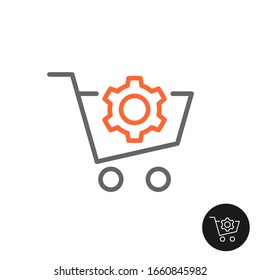 Procurement shopping cart icon with gear cog. Sales control and regulation. Marketing process symbol.