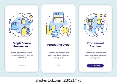 Procurement Strategy Examples Onboarding Mobile App Screen. Auctions Walkthrough 3 Steps Editable Graphic Instructions With Linear Concepts. UI, UX, GUI Template. Myriad Pro-Bold, Regular Fonts Used