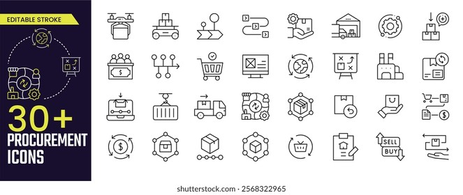 Procurement Stroke icon collections. Containing businessman, leader, discussion, hr, outline, human resource, Procurement, buyer and seller icons. Editable Stroke icon collection Outline icon