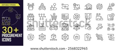 Procurement Stroke icon collections. Containing businessman, leader, discussion, hr, outline, human resource, Procurement, buyer and seller icons. Editable Stroke icon collection Outline icon