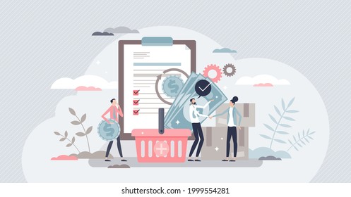 Procurement work as supply chain and order processing tiny person concept. Occupation with task to control demand and communication with suppliers vector illustration. Trade and shopping process scene