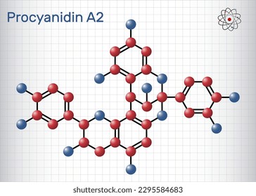 Procyanidin A2, proanthocyanidin A2 molecule. Natural product, used in urinary tract infection prevention. Structural chemical formula, molecule model. Sheet of paper in a cage. Vector illustration