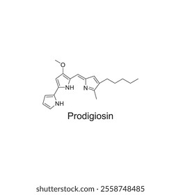 Prodigiosin skeletal structure diagram.Prodiginine compound molecule scientific illustration.