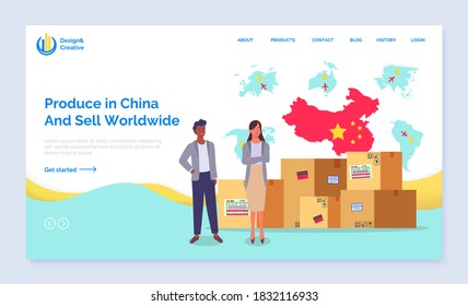 Produce in china and sell worldwide landing page template. Business meeting international trade relations concept. Man and woman partners standing with cardboard boxes, china card and airplanes