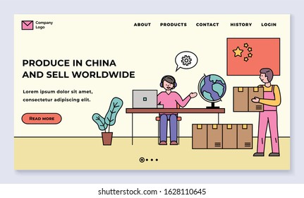 Produce in china and sell worldwide, people working on orders fulfillment. Logistics and management of cargo. Chinese flag and globe. Delivery courier with box. Website or webpage, landing page vector