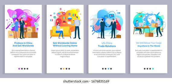 Produce in china vector, us and chinese relations partners handshaking, delivery of cargo logistics service, people working from home using internet. Website or slider app, landing page flat style