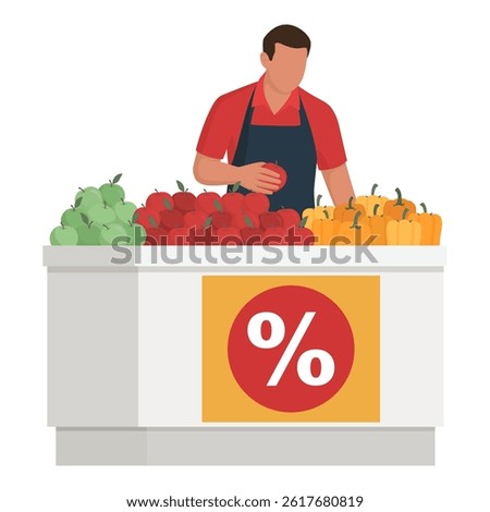 Produce clerk checking fresh vegetables and fruit at the store, isolated