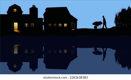A produce farmer is seen silhouetted on his farm working late to bring you food for your table in an illustration about farming and farm to fork farming.