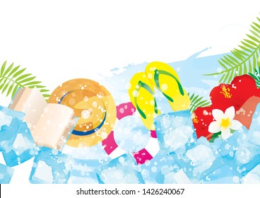 Produce ice-coldness. Summer resort with hat and hibiscus, book and sandals