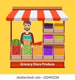 Produce shop keeper. Fruit and vegetables retail business owner working in his own store. Flat illustration. EPS 10 vector. 