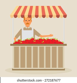 Produce shop keeper. Fruit and vegetables retail business owner working in his own store. Flat illustration. EPS 10 vector.