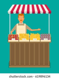 Produce shop keeper. Fruit and vegetables retail business owner working in his own store. Flat illustration. EPS 10 vector.