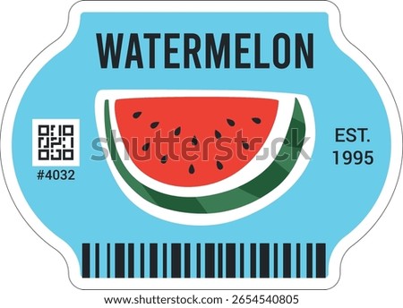 Produce sticker design template with PLU code and watermelon illustration. Vector fresh produce label isolated on transparent bg. Retail package label. Cut out peeled tag.