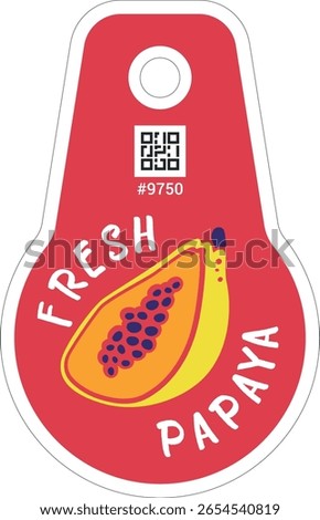 Produce sticker design template with PLU code and papaya fruit. Vector fresh produce label isolated on transparent bg. Retail package label. Cut out peeled tag.