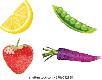 Produce Vector Illustration Set - Orange Slice, Pea Pod, Strawberry, Purple Carrot