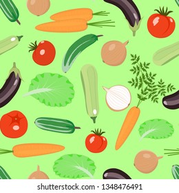 Produce. Zucchini, eggplant, tomatoes, cucumbers, radishes, carrots, onions, garlic on a green background. Vector seamless vegetable pattern design, packaging, typography, fabrics