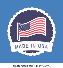 Produced in America circle shape label vector illustration isolated on blue. Made in USA sticker with American flag in round stamp, patriotic symbol