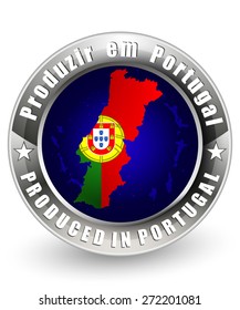Produced in Portugal with a Portugal map. Vector icon.