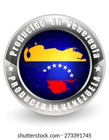 Produced in Venezuela label with Venezuela map. Vector icon.