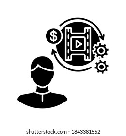 Producer black glyph icon. Financial manager for filmmaking. Cinema production executive. Visual development on budget. Project leader. Silhouette symbol on white space. Vector isolated illustration