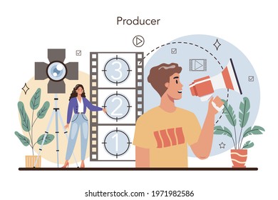 Producer concept. Film and music production, entertainment industry. Artist creating media with a studio equipment. Idea of creative profession. Flat vector illustration
