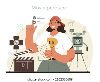 Producer concept. Film and music production, entertainment industry. Artist creating media with a studio equipment. Idea of creative profession. Flat vector illustration