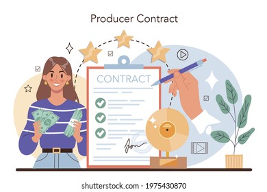 Producer contract concept. Film and music production, entertainment industry. Artist creating media with a studio equipment. Idea of creative profession. Flat vector illustration