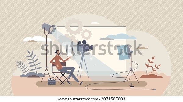 Producer and film director for cinematography\
project tiny person concept. Artistic occupation with TV show and\
movies shooting for motion picture scenes vector illustration.\
Media studio with\
cameras