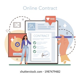 Producer online service or platform. Film and music production, entertainment industry. Artist creating media. Online contract. Flat vector illustration