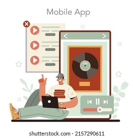 Producer online service or platform. Film and music production, creating media in a studio. Entertainment industry. Mobile app. Flat vector illustration