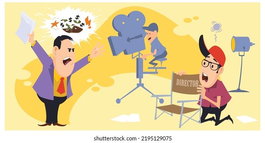 Producer swears at director of film. Funny people. Illustration concept template for website, web landing page, banner, presentation, social, poster, promotion or print media.