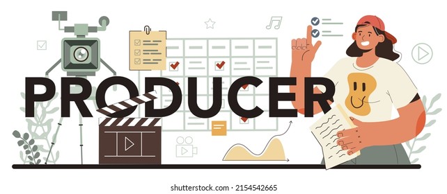 Producer typographic header. Film and music production, entertainment industry. Artist creating media with a studio equipment. Idea of creative profession. Flat vector illustration