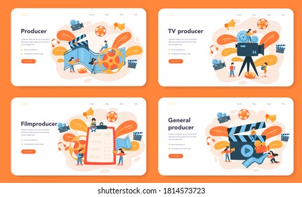 Producer web banner or landing page set. Film and tv production. Idea of creative people and profession. Studio equipment. Isolated vector illustration