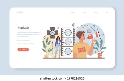 Producer web banner or landing page. Film and music production, entertainment industry. Artist creating media with a studio equipment. Idea of creative profession. Flat vector illustration