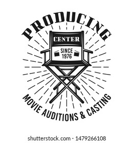 Producing center vector emblem, label, badge or logo with director chair in monochrome vintage style isolated on white background