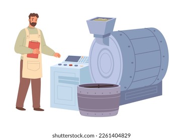 Producing coffee at local farm, isolated man in uniform working on machinery for roasting coffee beans. Production process, male at work at roaster. Vector in flat style