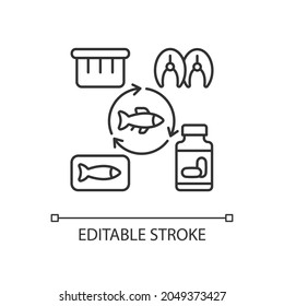 Producing fish products linear icon. Aquaculture breeding. Canned and smoked fish. Thin line customizable illustration. Contour symbol. Vector isolated outline drawing. Editable stroke