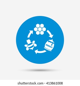 Producing honey and beeswax sign icon. Honeycomb cells symbol. Honey in pot. Sweet natural food cycle in nature. Blue circle button with icon. Vector