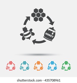 Producing honey and beeswax sign icon. Honeycomb cells symbol. Honey in pot. Sweet natural food cycle in nature. Graphic element on white background. Colour clean flat honey icons. Vector