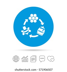 Producing honey and beeswax sign icon. Honeycomb cells symbol. Honey in pot. Sweet natural food cycle in nature. Copy files, chat speech bubble and chart web icons. Vector